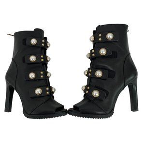 Karl Lagerfeld Stud Size 6.5 Womens Peep Toe Bootie Boot High 6536 Leather Black